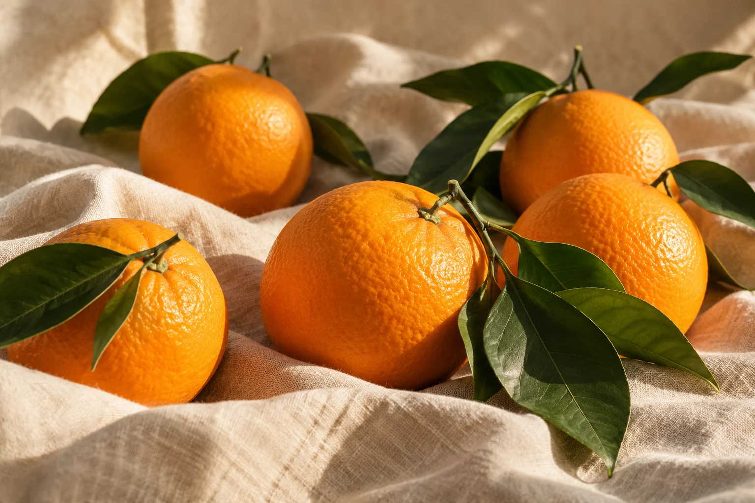 AI-generated citrus still life on linen; not a hotel or destination photograph